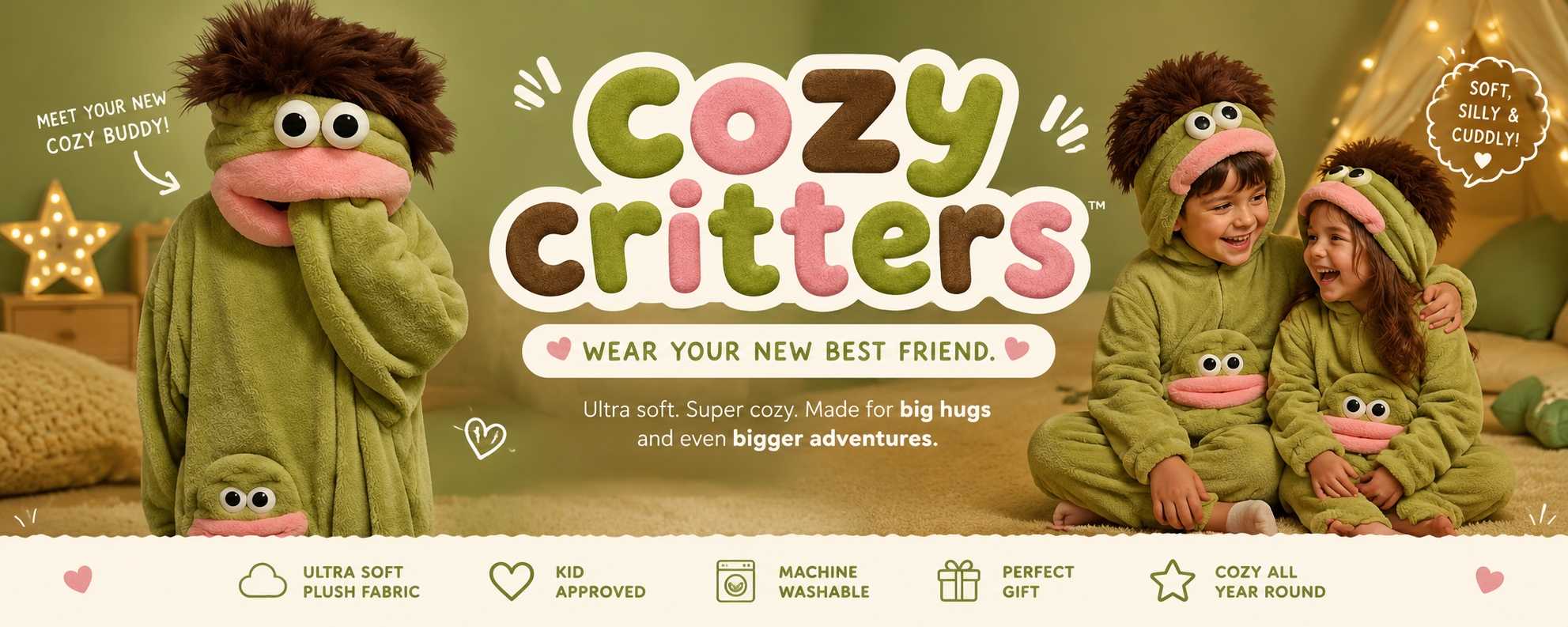 Cozy Critters children's hoodies with cartoon characters on a promotional banner.